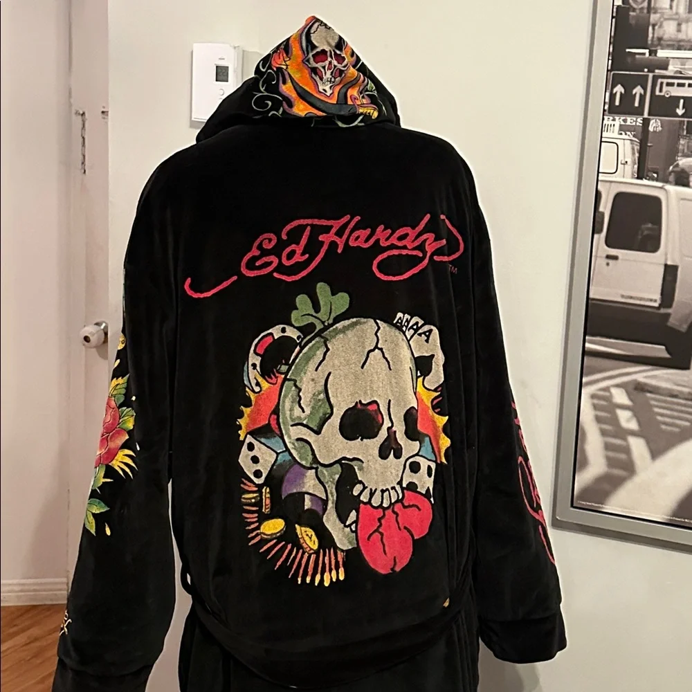 Y2K Ed Hardy Velvet Robe Coat Skull Tattoo Graphic Black S/M Luxury Streetwear - Picture 8 of 15